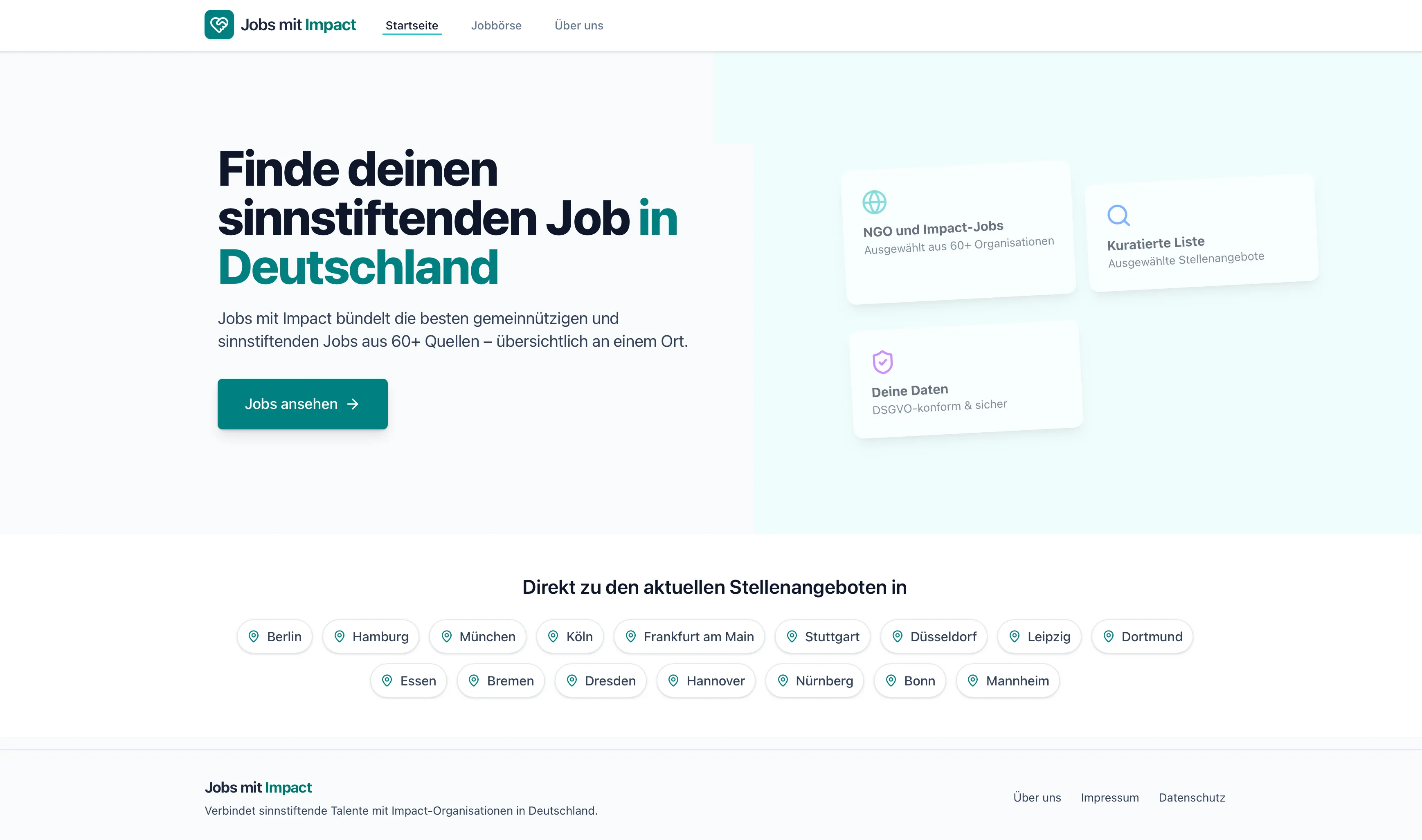 Startseite von Jobsmitimpact.de mit Stellenangeboten für wirkungsorientierte Organisationen